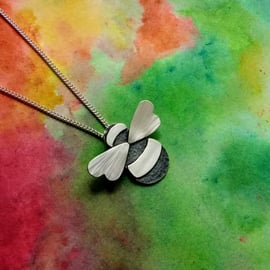 Silver Bumble Bee Pendant, Oxidised Body, Sterling Silver Chain