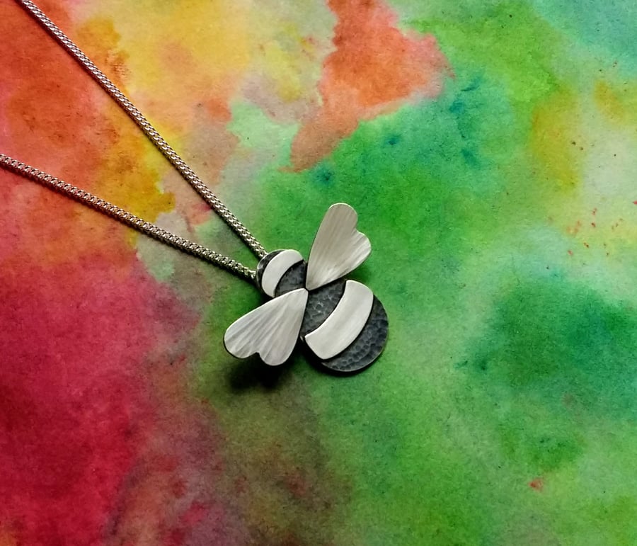 Silver Bumble Bee Pendant, Oxidised Body, Sterling Silver Chain