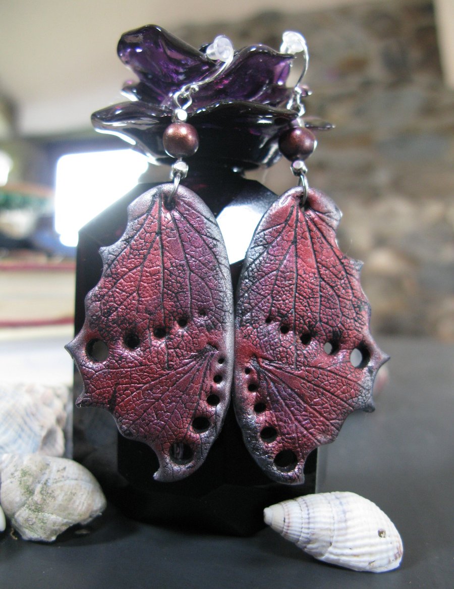 Midnight Monarch – Blood Red & Pewter Gothic Butterfly Wing Earrings
