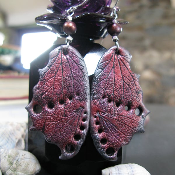 Midnight Monarch – Blood Red & Pewter Gothic Butterfly Wing Earrings