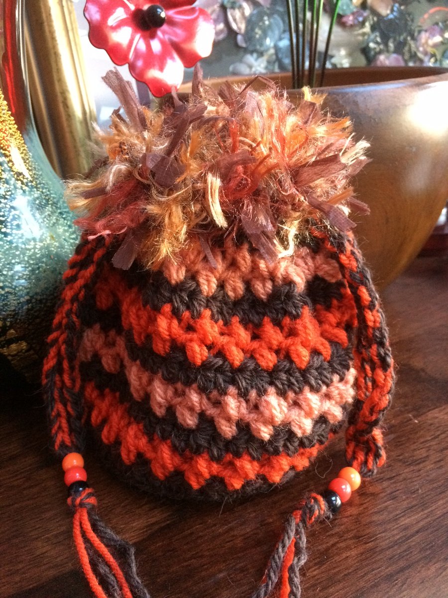 Hand Crochet Tan Brown Rust Drawstring Bag Handbag Purse with Funky Trim 
