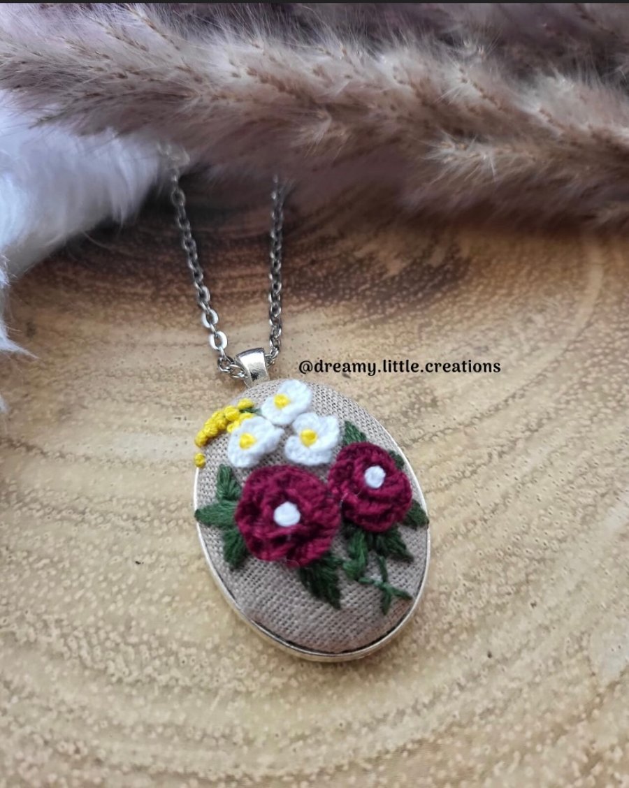 Embroidered necklace,burgundy rose necklace,Floral necklace,