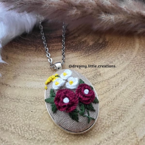 Embroidered necklace,burgundy rose necklace,Floral necklace,