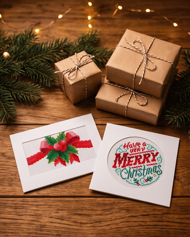 Set of 2 Cross Stitch Christmas Cards, Festive Red Bow & Merry Christmas