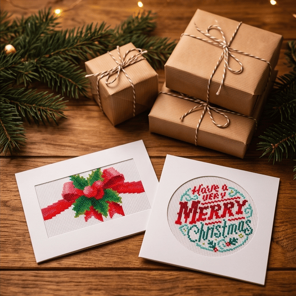 Set of 2 Cross Stitch Christmas Cards, Festive Red Bow & Merry Christmas