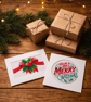 Set of 2 Cross Stitch Christmas Cards, Festive Red Bow & Merry Christmas
