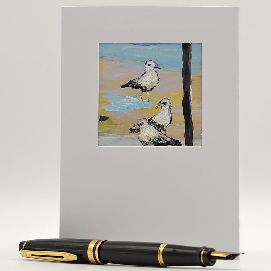 Hand Painted Card of Gulls. 10 x 8 inches.