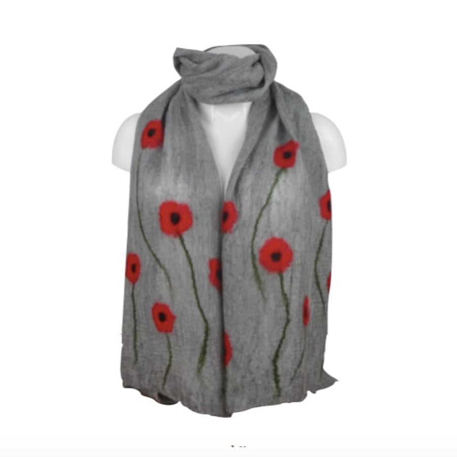 Gift boxed nuno felted scarf, grey merino wool with poppies - longer length