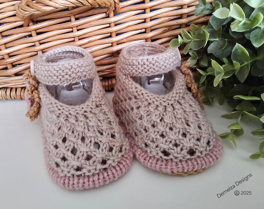 Designer Baby Girl's  Lacey Fawn Flower Hand Knitted Shoes  3-6 months size