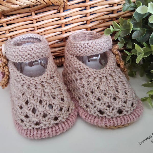 Designer Baby Girl's  Lacey Fawn Flower Hand Knitted Shoes  3-6 months size