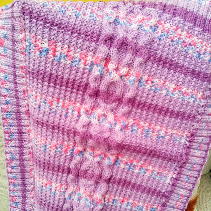 Hand Knitted Cabled Baby's Pram Blanket, Coming Home Blanket, Nursery Blanket