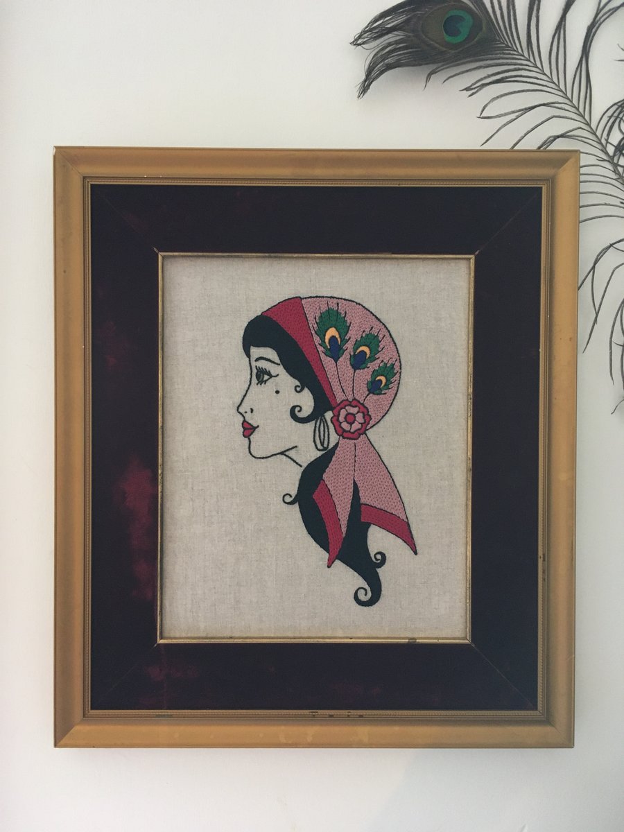 Hand Embroidered Gypsy (Tattoo Art Style) on Raw linen in a Vintage Frame 