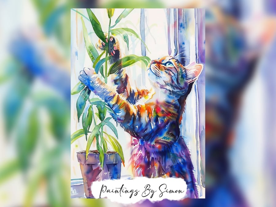 Playful Cat with Plant, Watercolor Painting Print 5"x7" on Matte Paper