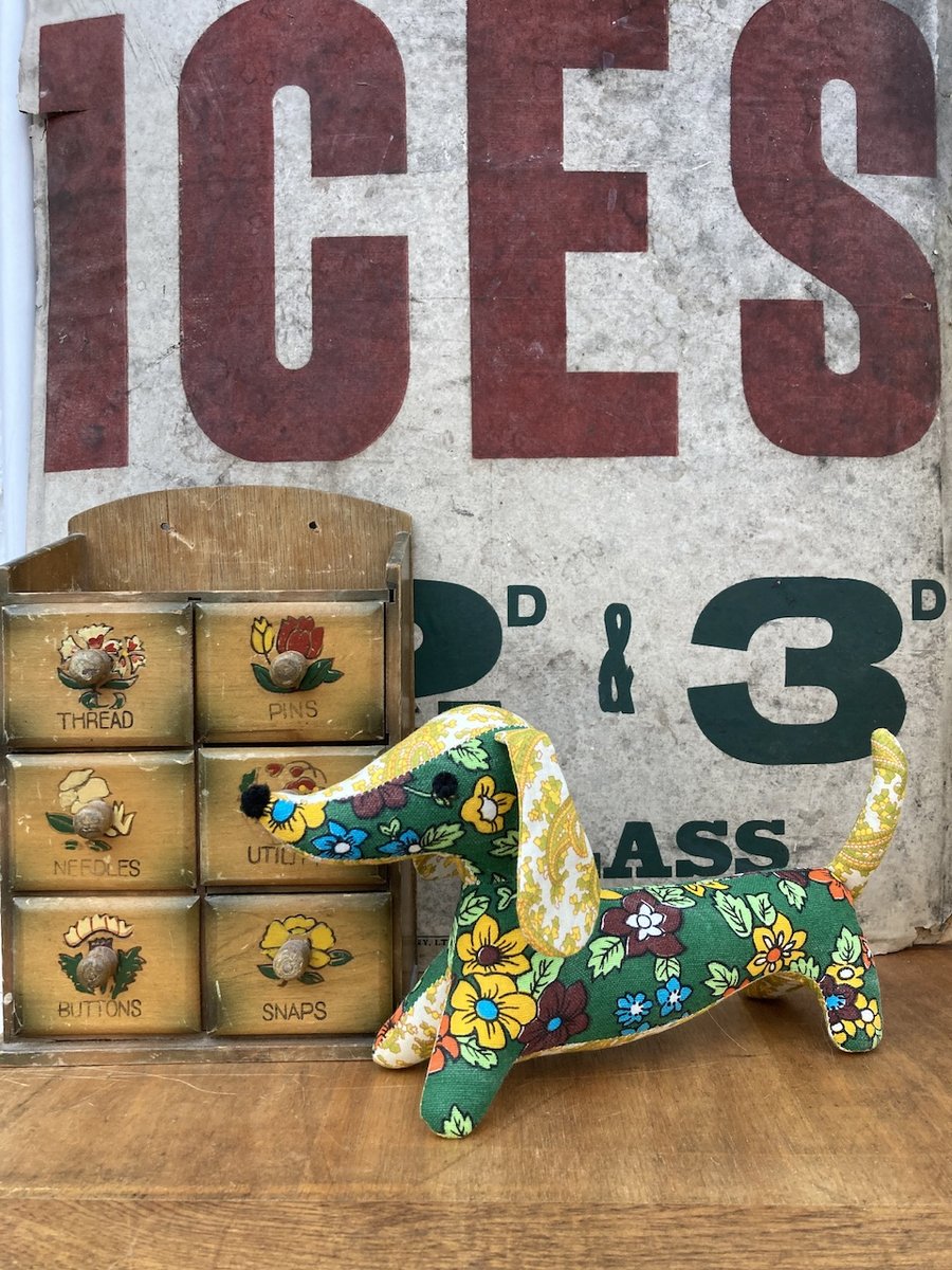Snossage The Vintage Fabric Sausage Dog.  (Green & yellow)