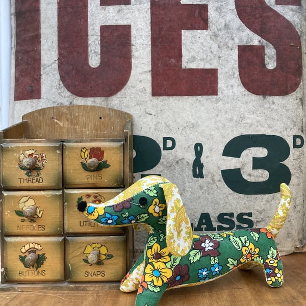 Snossage The Vintage Fabric Sausage Dog.  (Green & yellow)