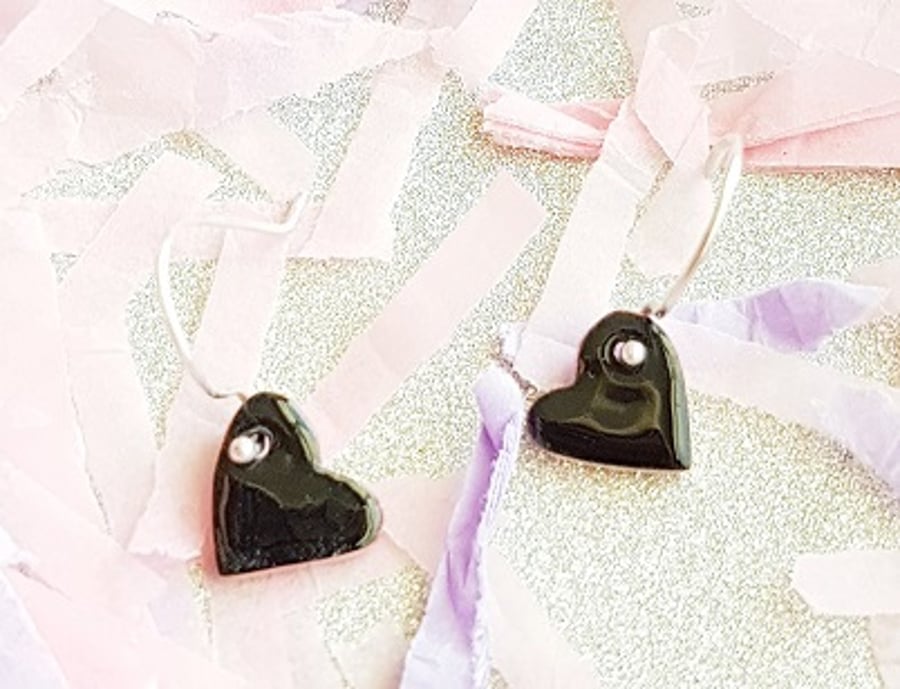 Copper Heart Earrings with Black Enamel