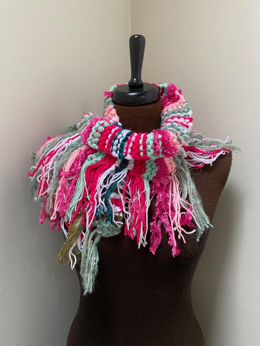 Hand Knitted Scarf with Fringe Textured scarf for women pinks and olive green 