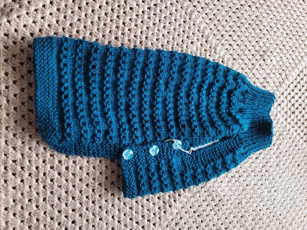 Turquoise, polo neck dog coat.  Hand knitted  