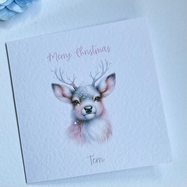 Christmas card with pink watercolour fluffy stag reindeer personalised 