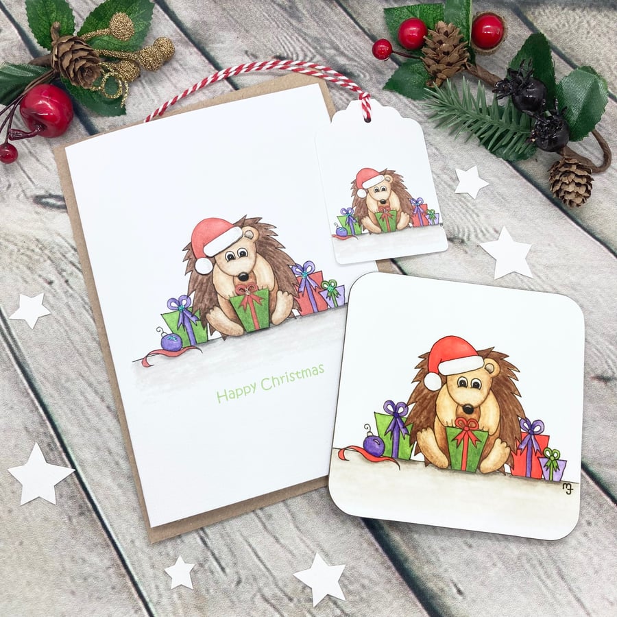 Christmas Hedgehog Card, Gift Tag & Coaster Gift Set