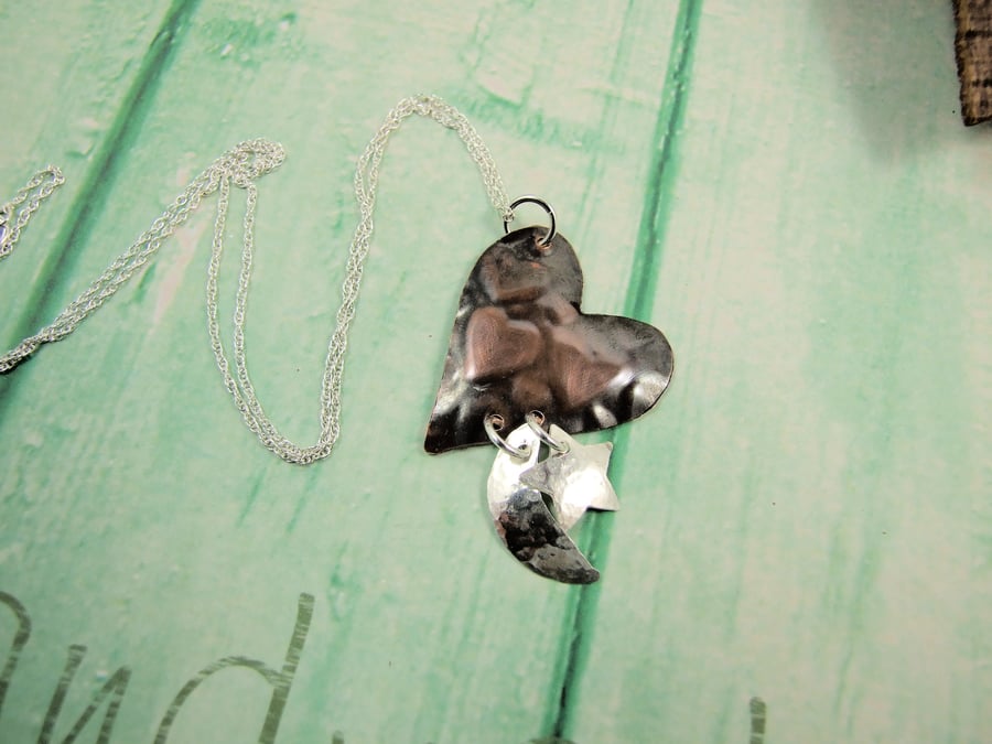 Love you to the Moon & Stars Necklace, Copper and Sterling Silver Pendant