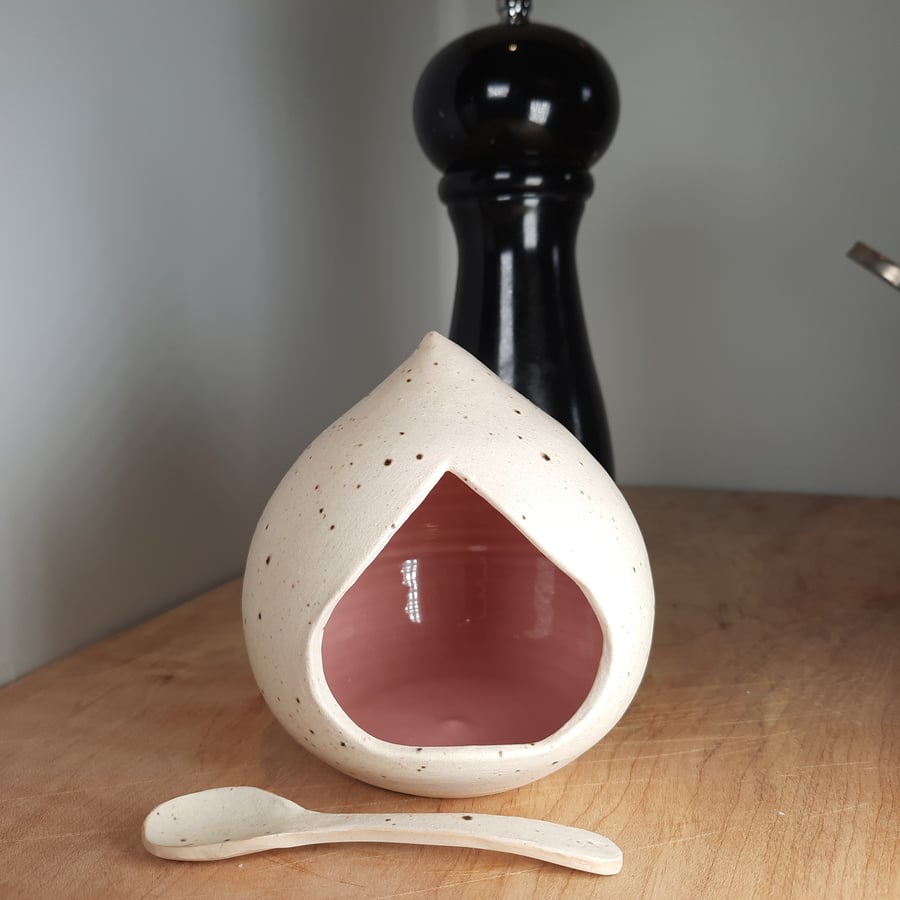 Mini pink and cream salt pig and spoon, salt cellar for the table