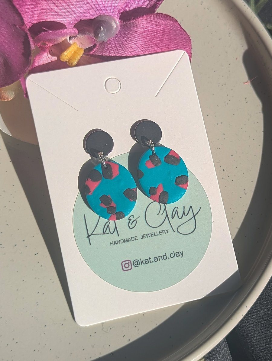 Turquoise and Pink Leopard Print Circle Earrings