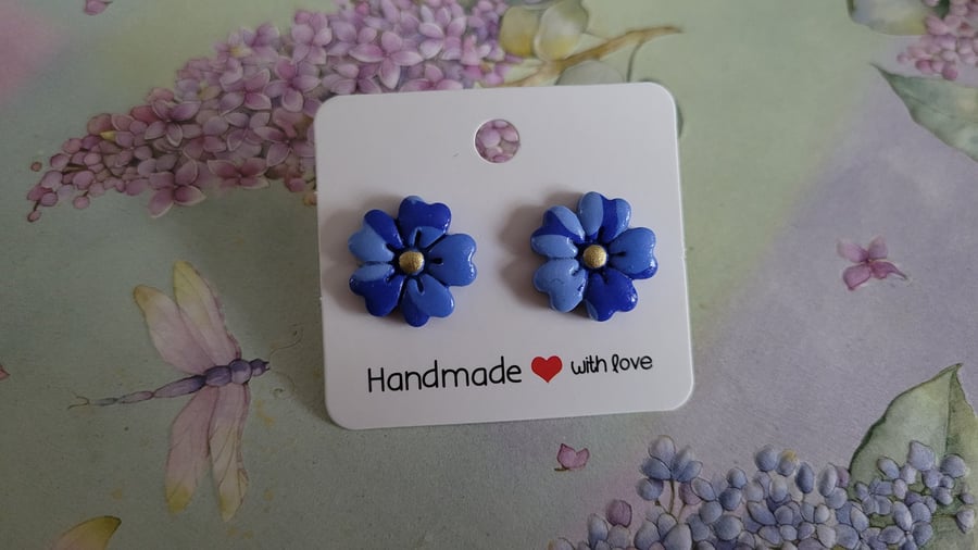 Handmade Polymer Clay Blue Flower Earrings, 316 Surgical Stainless Steel