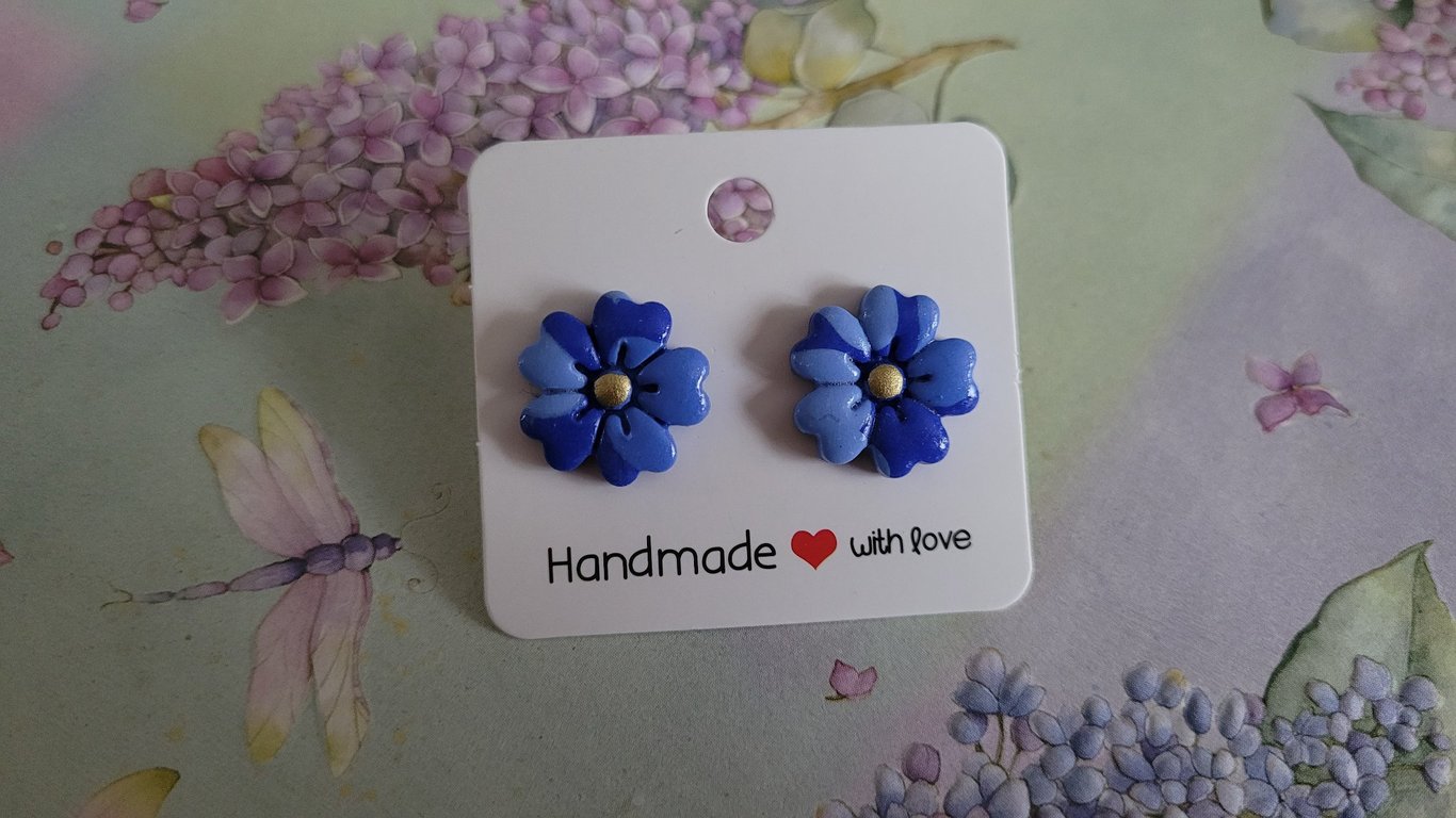 Handmade Polymer Clay Blue Flower Earrings, 316 Surgical Stainless Steel