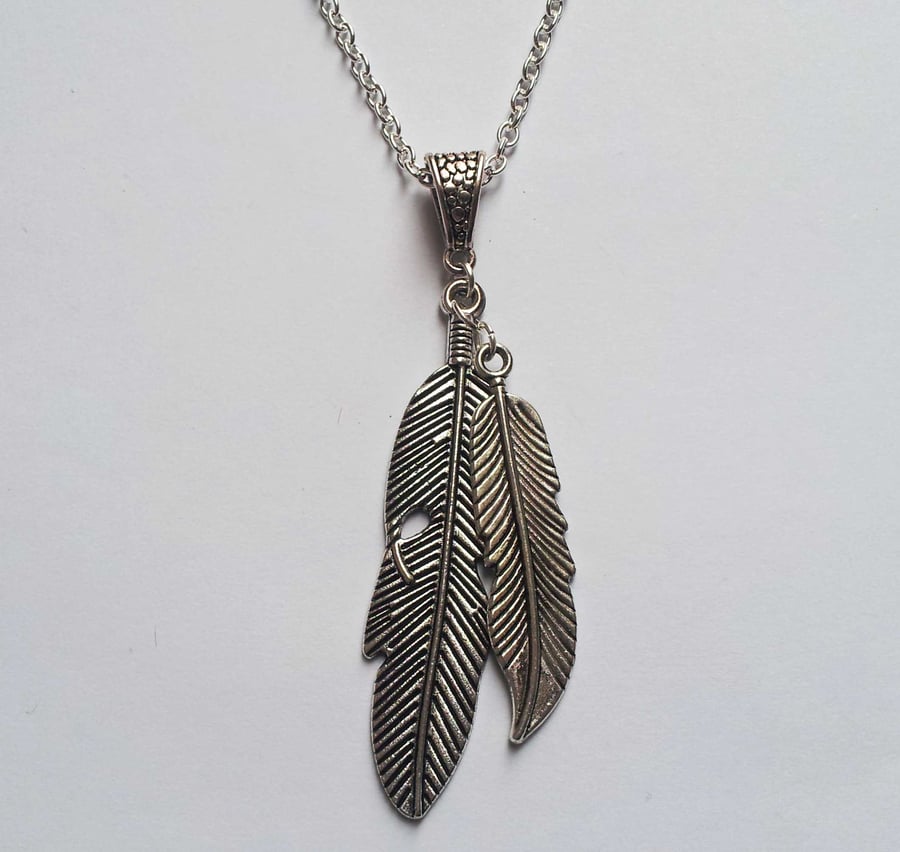 Double Feather Long Tribal Silver Plate Necklace