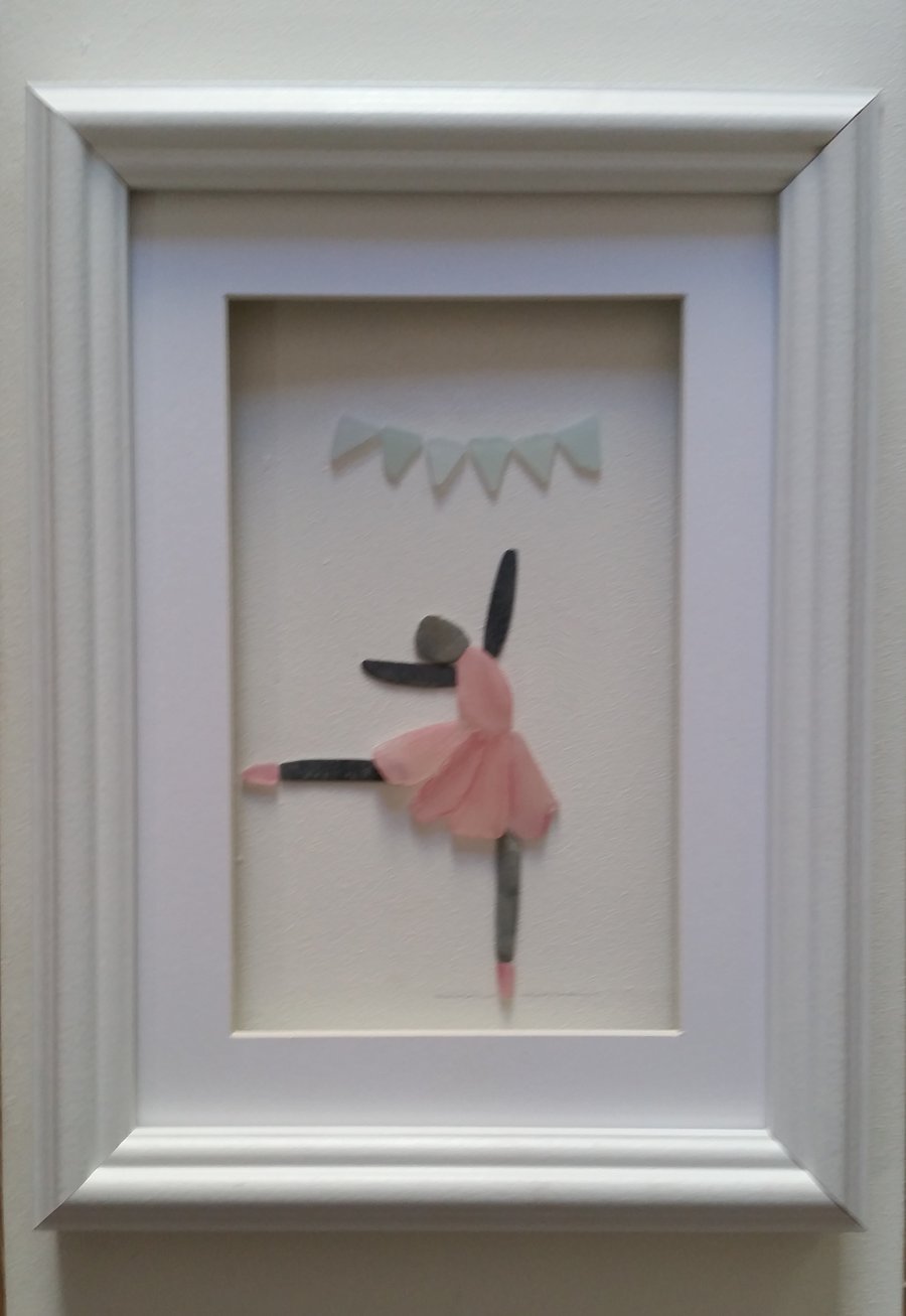 Pebble Art Picture, Ballerina in a Pink Sea Glass Tutu, Framed Art for Girls