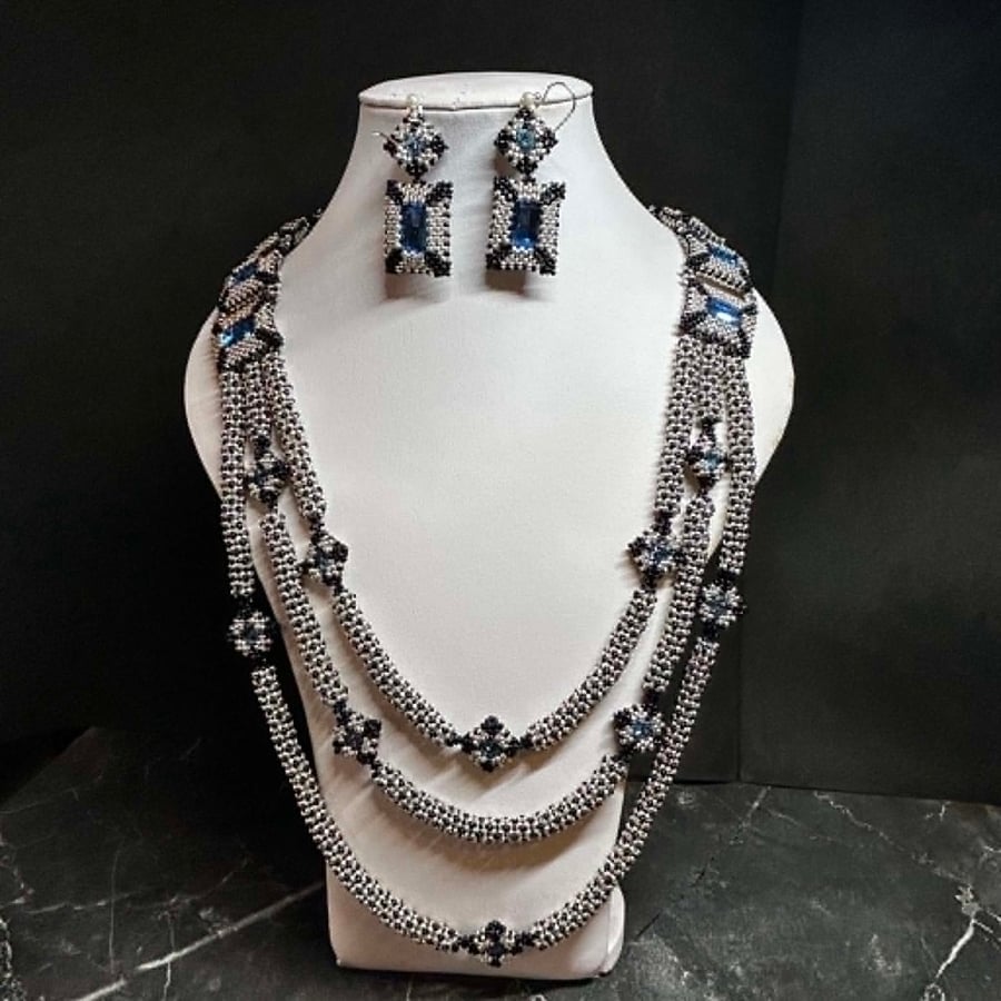 Delenn Handmade Seed Bead and Crystal Triple Necklace and earrings set