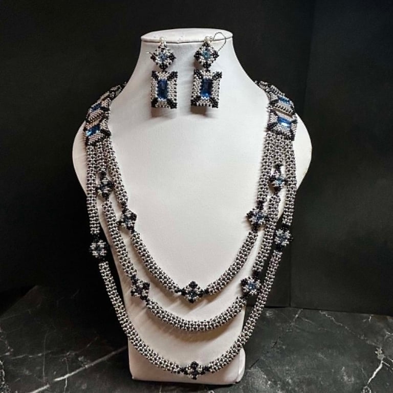 Delenn Handmade Seed Bead and Crystal Triple Necklace and earrings set