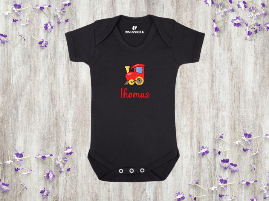 Personalised Train Baby Bodysuit – Cute Baby Grow With Name And Train Design