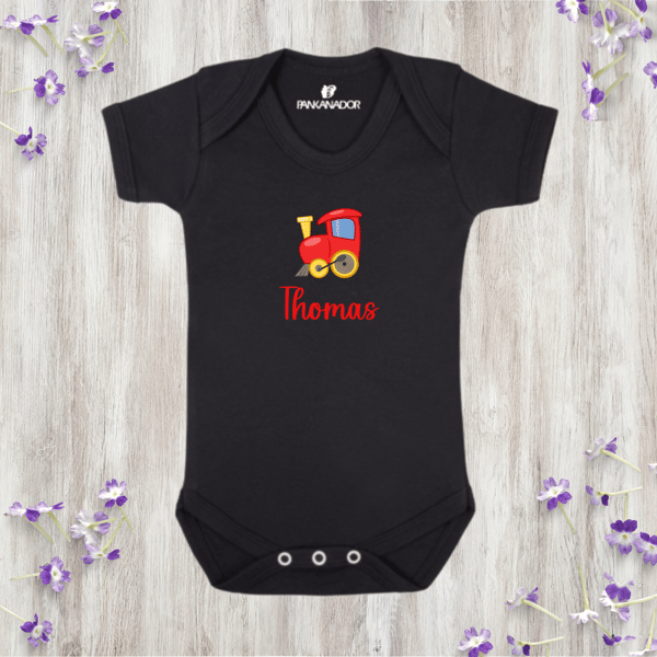 Personalised Train Baby Bodysuit – Cute Baby Grow With Name And Train Design