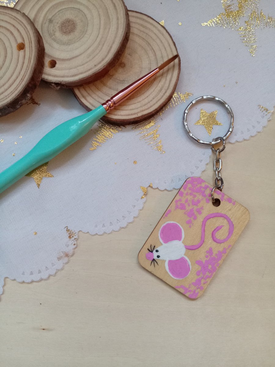 Wooden rectangular mouse keyring 