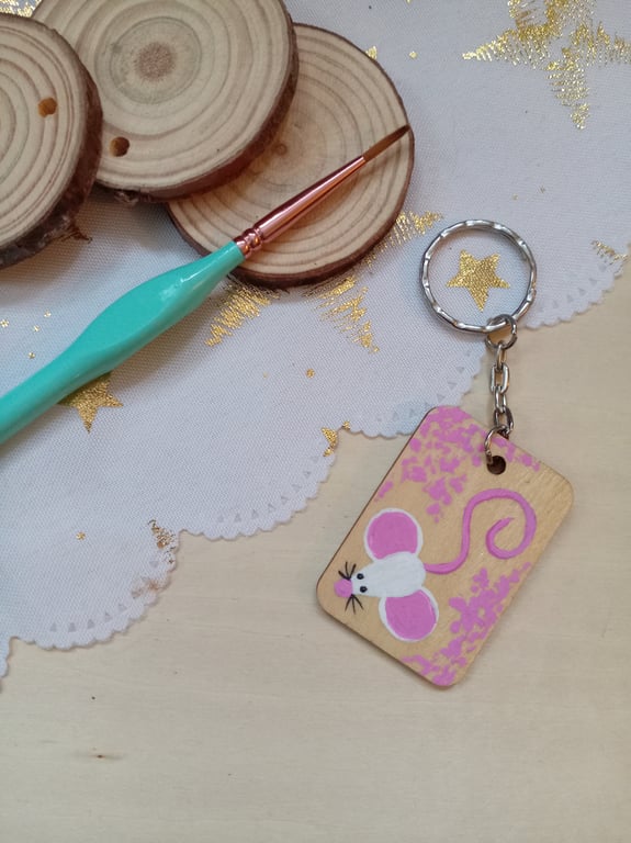 Wooden rectangular mouse keyring 