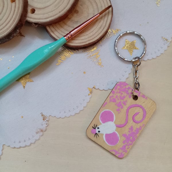 Wooden rectangular mouse keyring 