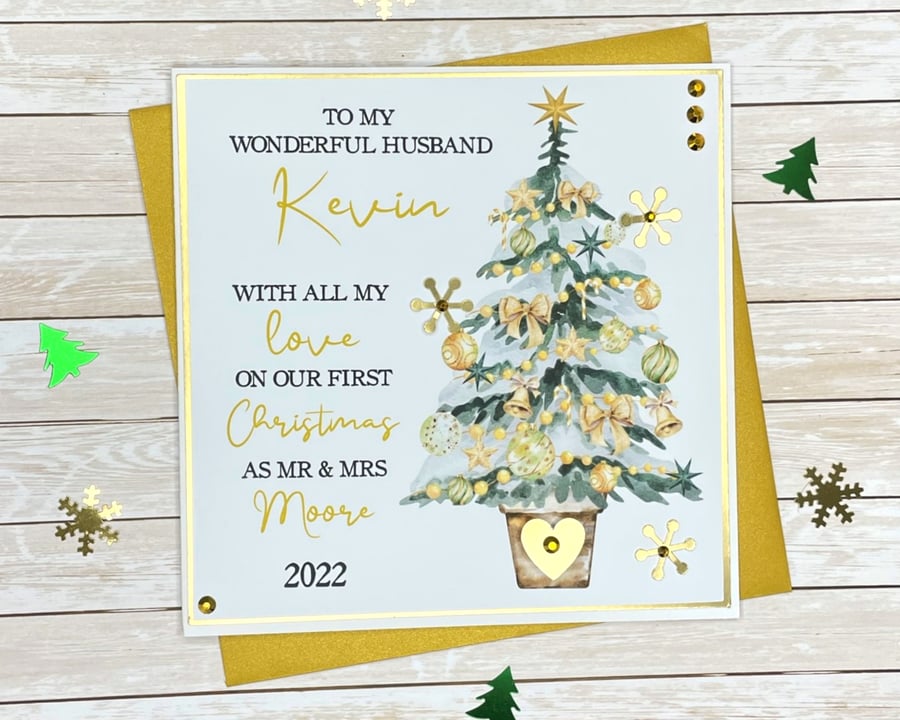Christmas Card Personalised Snowy Tree First Christmas as Husband Wife Mr Mrs