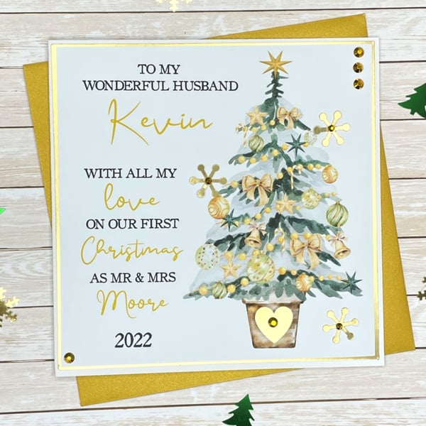 Christmas Card Personalised Snowy Tree First Christmas as Husband Wife Mr Mrs