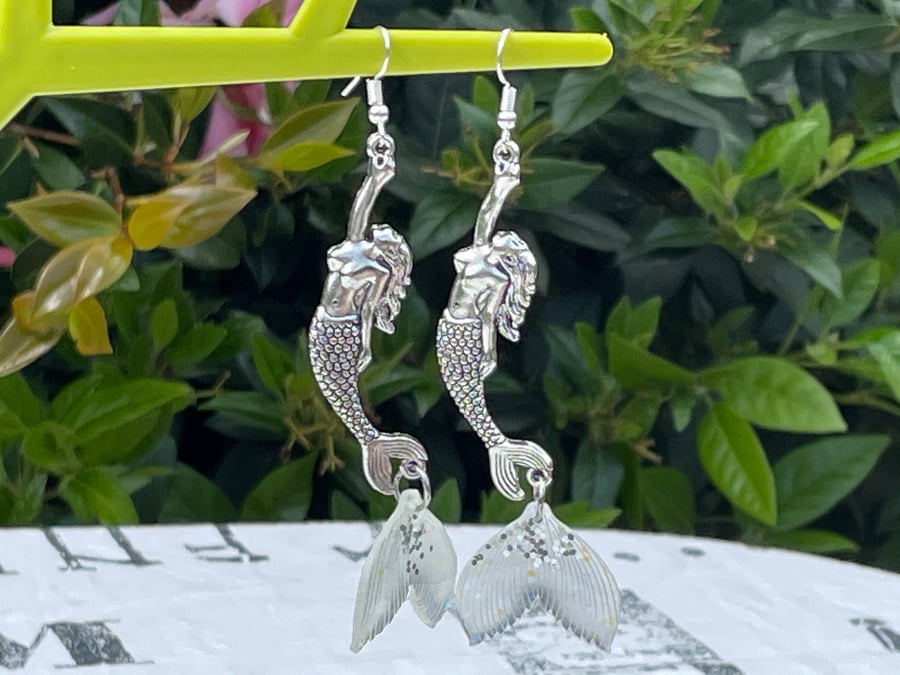 GLITTER MERMAID EARRINGS resin glitter TAIL boho Silver plate large