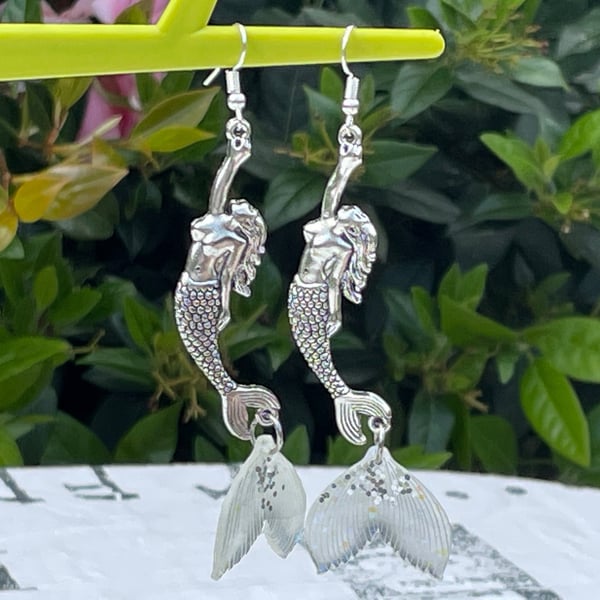 GLITTER MERMAID EARRINGS resin glitter TAIL boho Silver plate large