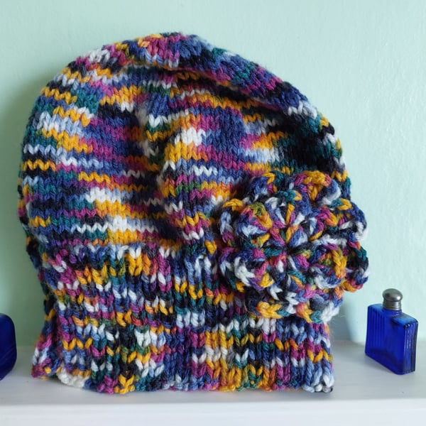 Knitted Hat With Flower Motif Purple  