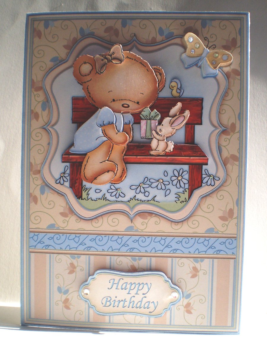 Handmade Cute Teddy Birthday Card,Decoupage, 3D,Personalise,Any age