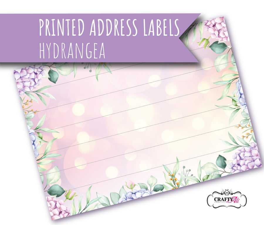 Printed self-adhesive address labels, beautiful hydrangea flowers