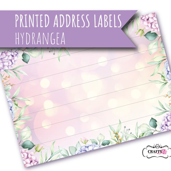 Printed self-adhesive address labels, beautiful hydrangea flowers