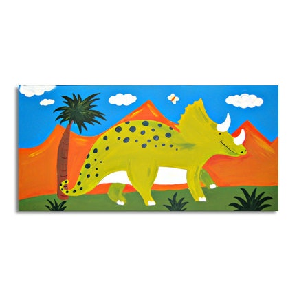 Dinosaur Art, Triceratops, Painting on Canvas, Dinosaur Decor