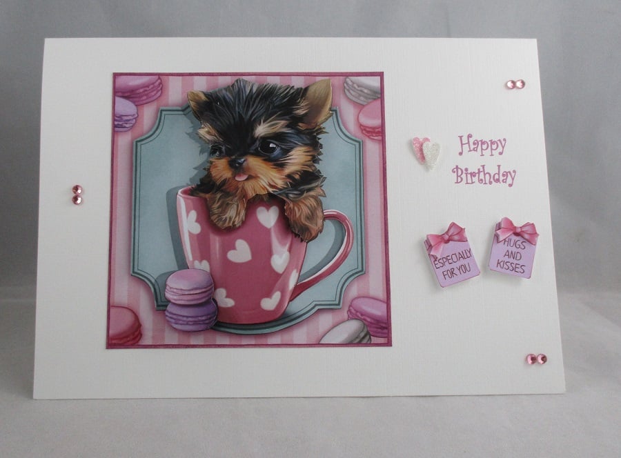Yorkshire Terrier in a mug Birthday Card, 3d, decoupage,personalise,handmade