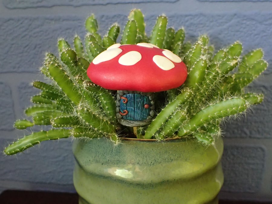 Fairy mushroom with door polymer clay ornament
