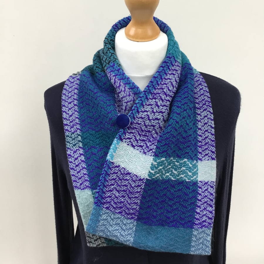 Handwoven adjustable merino wool scarf - in purple, turquoise and blue tones